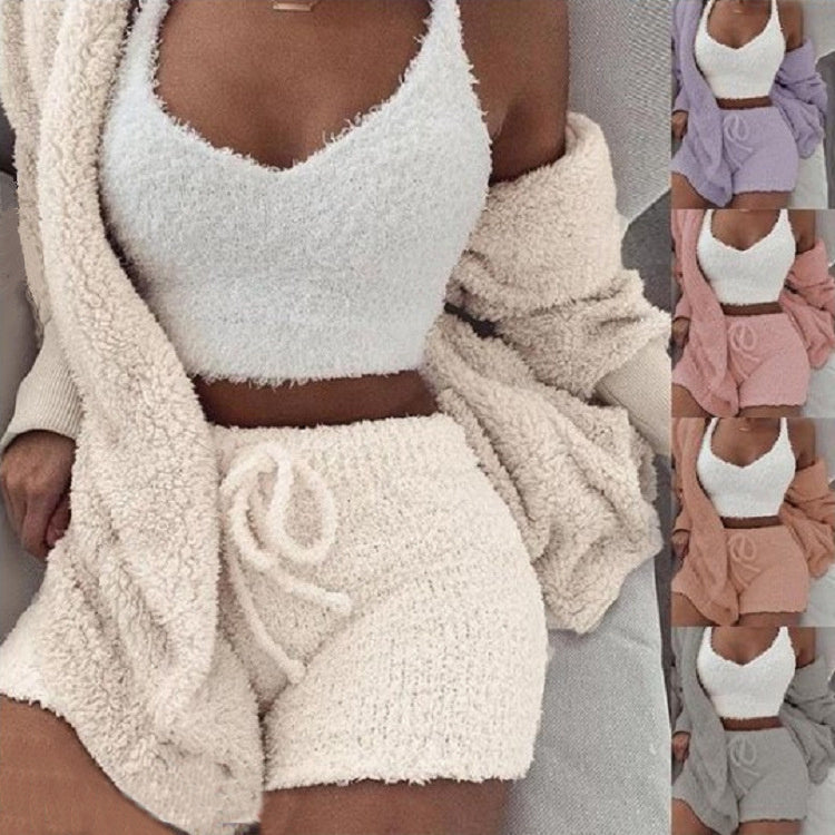 Women's 3 Pc Long Sleeve Crop Tank Top And Drawstring Shorts Pajama Set