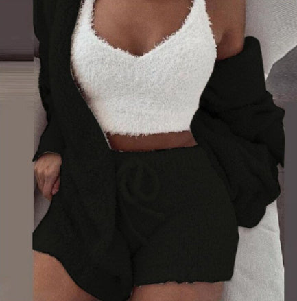 Women's 3 Pc Long Sleeve Crop Tank Top And Drawstring Shorts Pajama Set