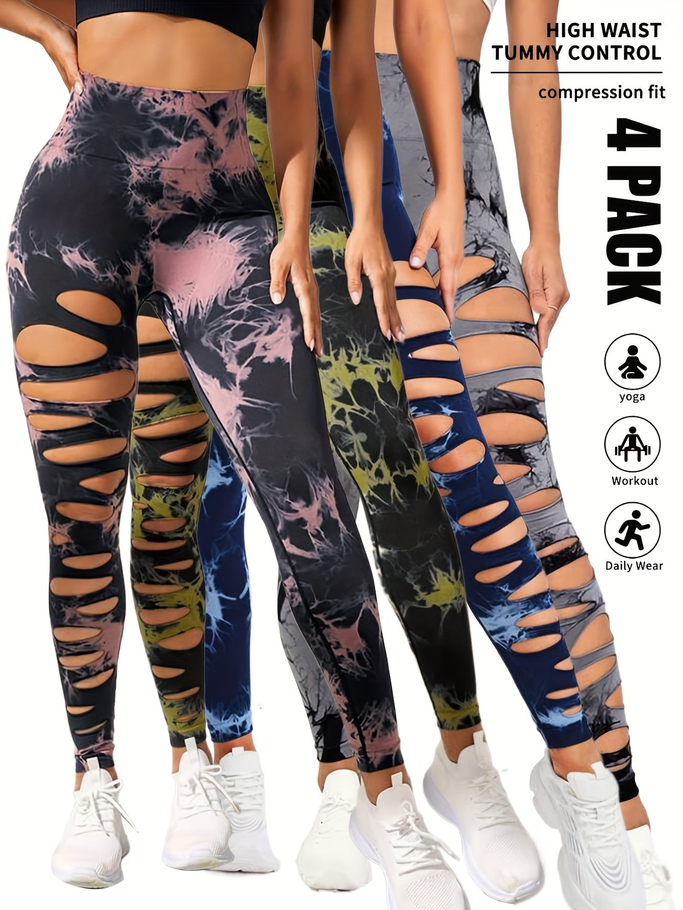 Women's 4 Pack 1 Leg Rip Dyed Yoga Leggings