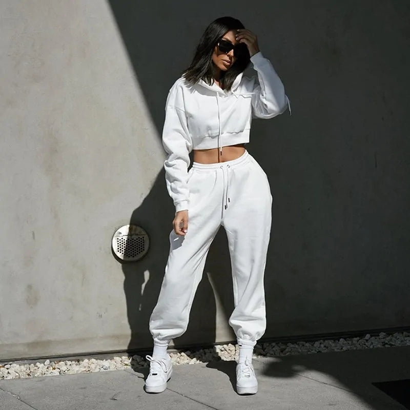 Women's Crop Top Hoodie and Sweatpants Set