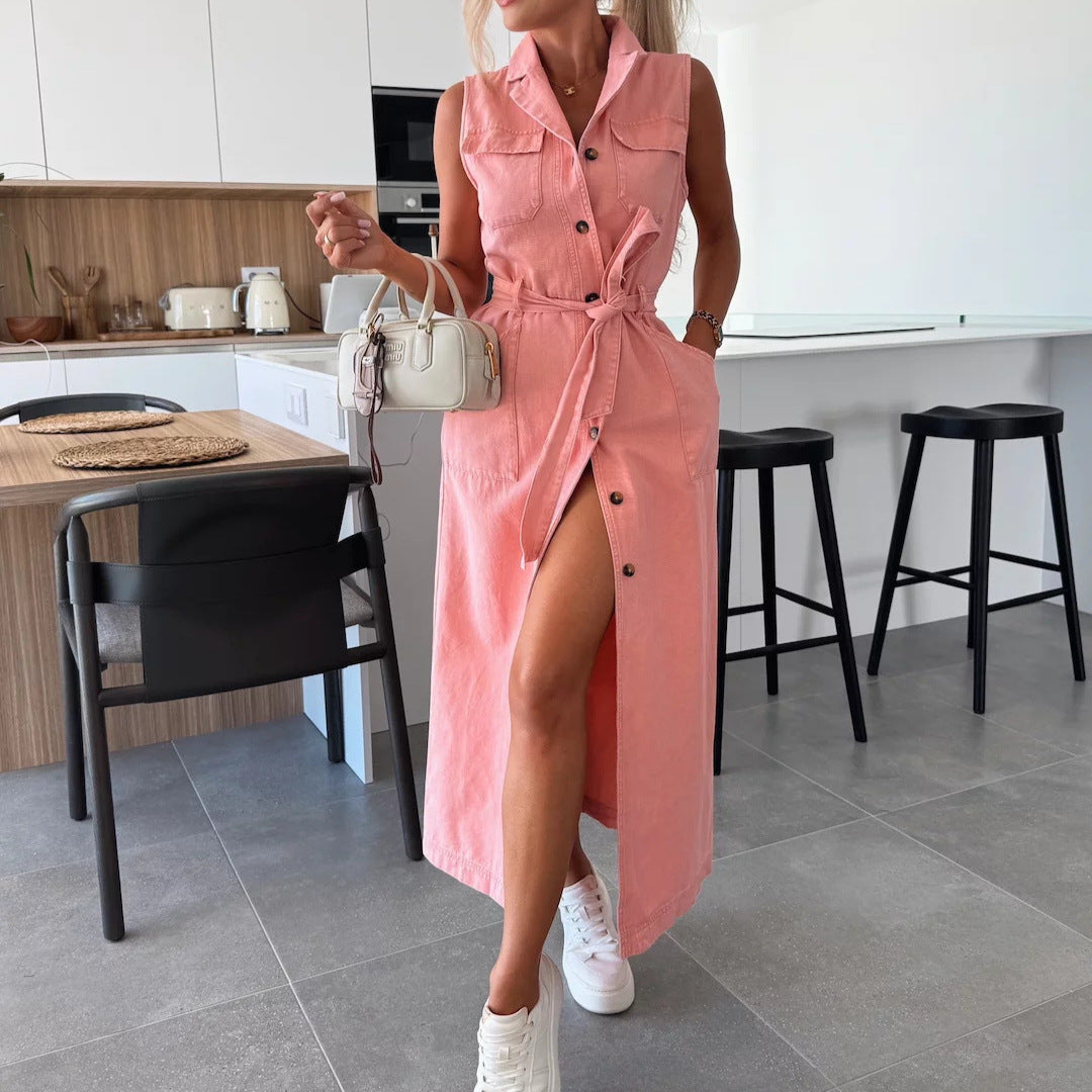 Sleeveless Long Tie Denim Dress