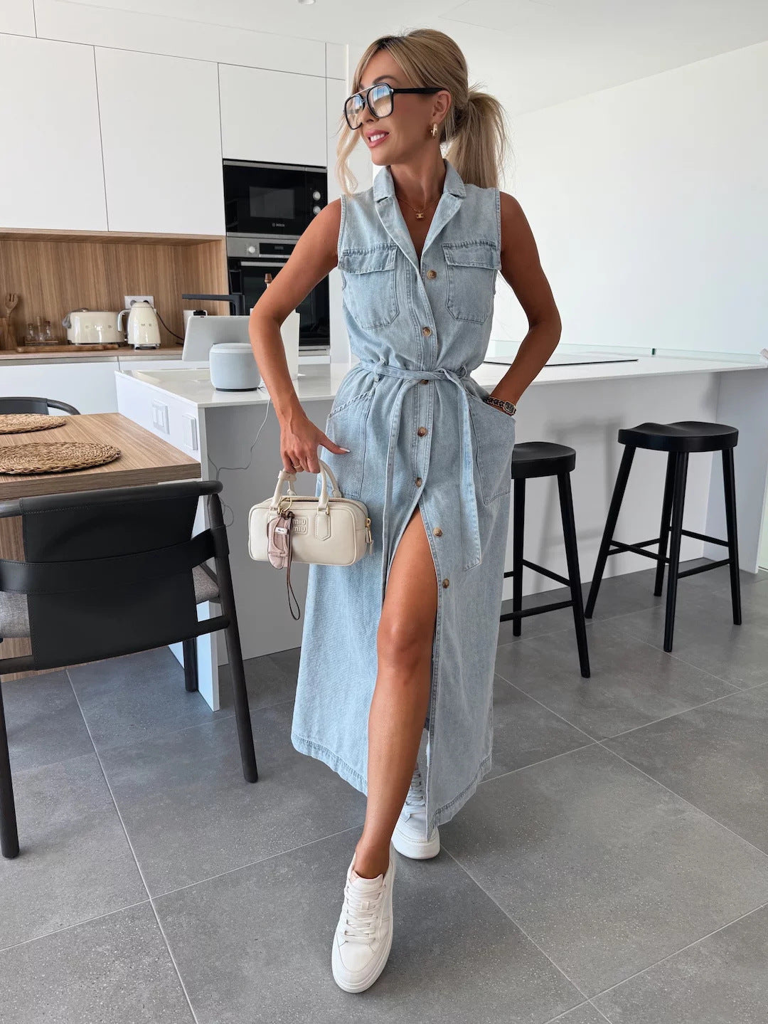 Sleeveless Long Tie Denim Dress