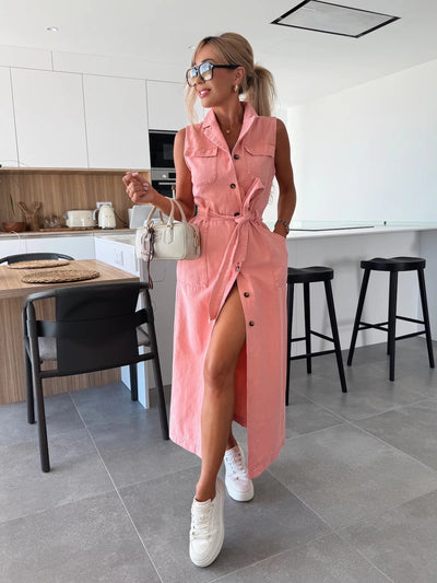 Sleeveless Long Tie Denim Dress