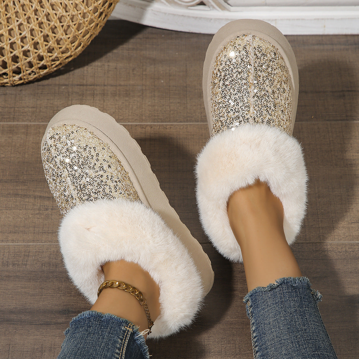 Women's Fashion Glitter Fur Slipper Boots