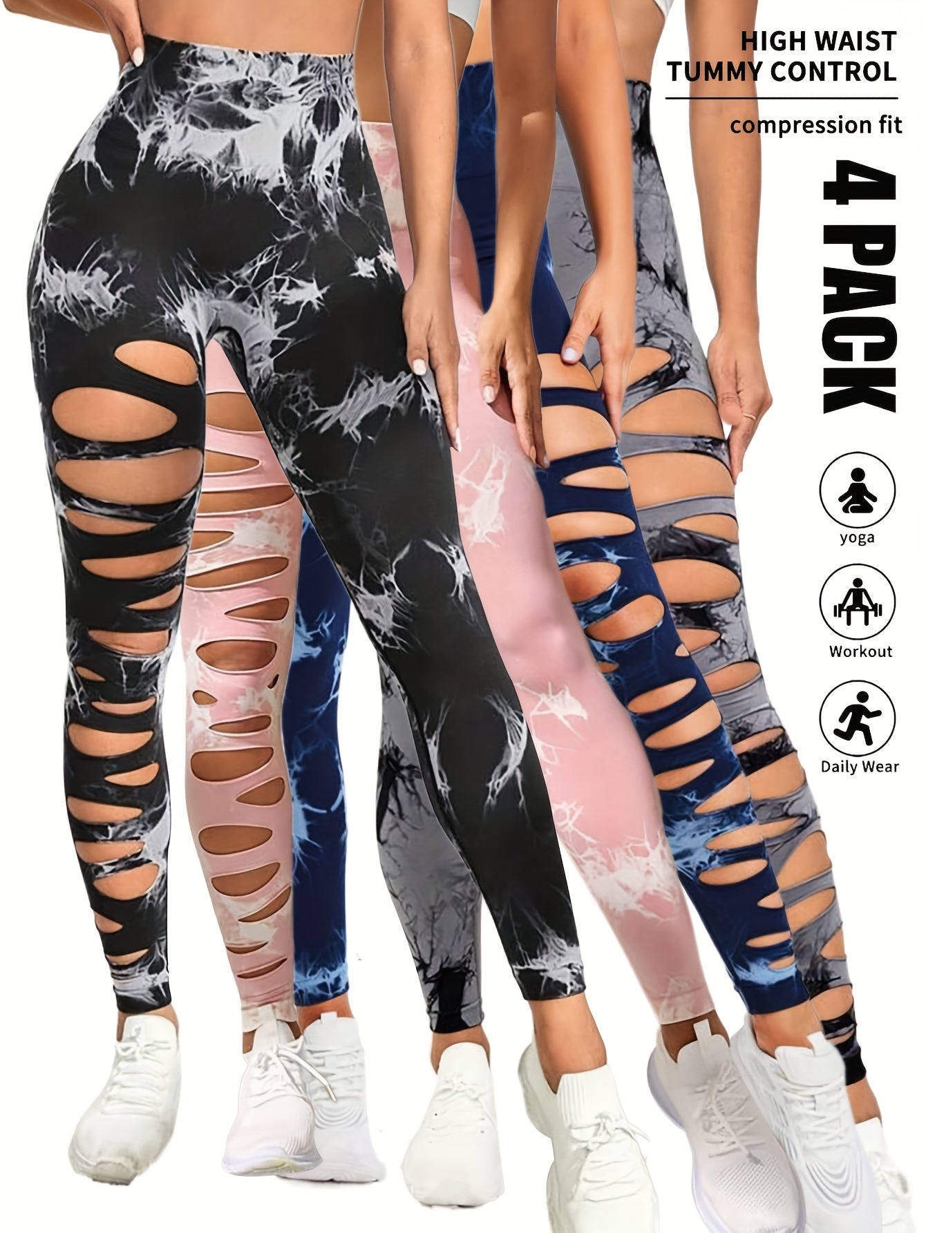 Women's 4 Pack 1 Leg Rip Dyed Yoga Leggings