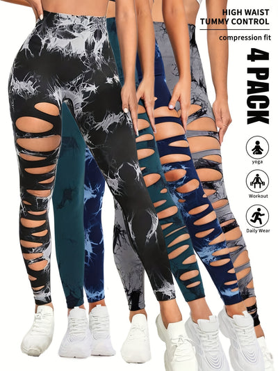 Women's 4 Pack 1 Leg Rip Dyed Yoga Leggings